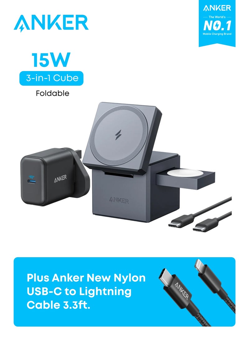 Anker 3-in-1 Cube Compatible with MagSafe - 15W Fast Charging, Foldable Wireless Charge Station for Apple Watch, iPhone 17/16/15, and AirPods Pro (Charger and Interchangeable Plugs Included) & New Nylon USB C to Lightning Cable, Apple MFi Certified for iPhone 14 Series, and More (3.3FT) - Bundle - Image 1